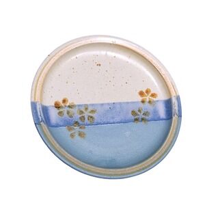 6 Handmade Ceramic Plate Blue Stripe Floral Design Small Dish Rustic Kitchenware